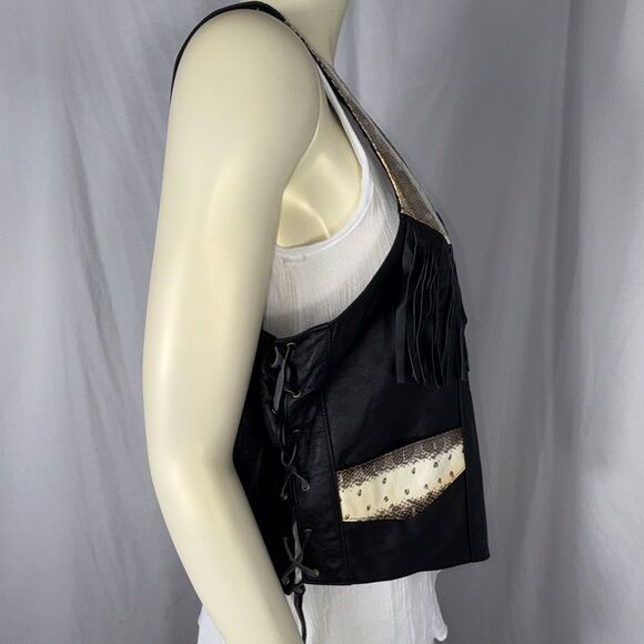 Vintage Black Leather Fringe Western Vest Snakeskin Inlay | USA Made L - Picture 8 of 16